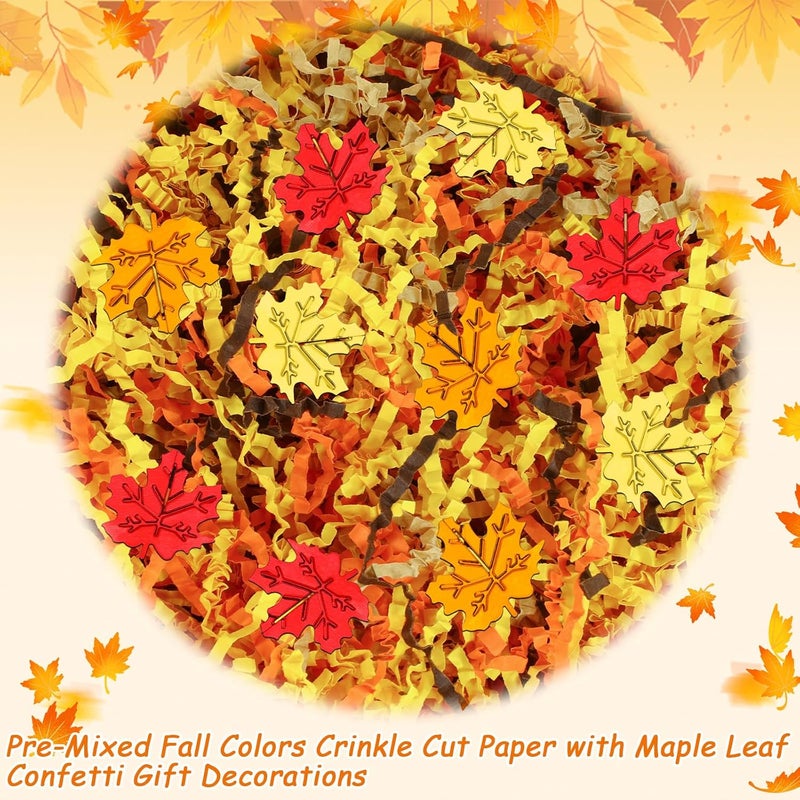 Jansun Fall Brown Orange Yellow Crinkle Cut Paper, 115g/4oz Shred Filler with Red Gold Orange Maple Leaf Confetti for Autumn Harvest Thanksgiving Gift Wrapping Craft DIY Fall Raffia Decorations - Image 3